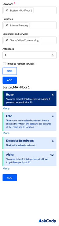 A screenshot of the AskCody Bookings Add-in with a list of available rooms to choose from to add to a meeting booking.