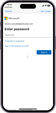 A screenshot of the AskCody mobile app showing the "Enter password" screen in the frame of an iPhone 14 Pro