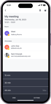 A screenshot of the AskCody Mobile App with the extending options for a meeting in an iPhone 14 Pro frame.