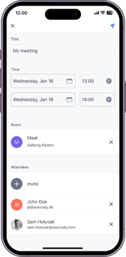 A screenshot of the AskCody mobile app showing a meeting being booked in an iPhone 14 Pro frame