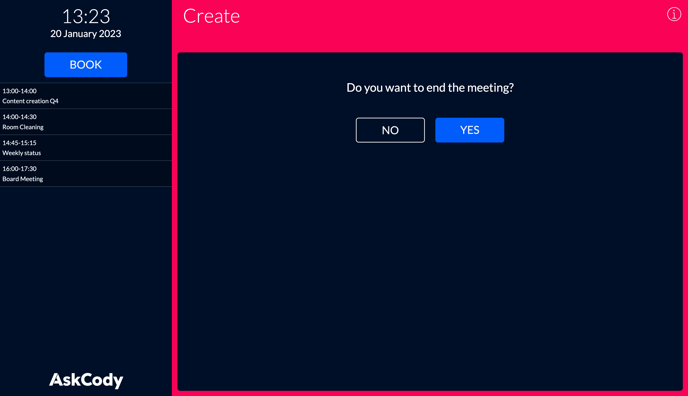 AskCody room displays meeting view with an occupied room and the confirmation message to end a meeting early