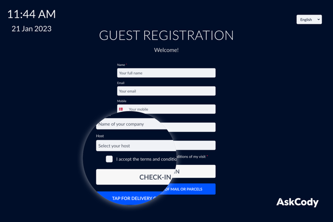 AskCody visitor management check-in screen Zoomed in