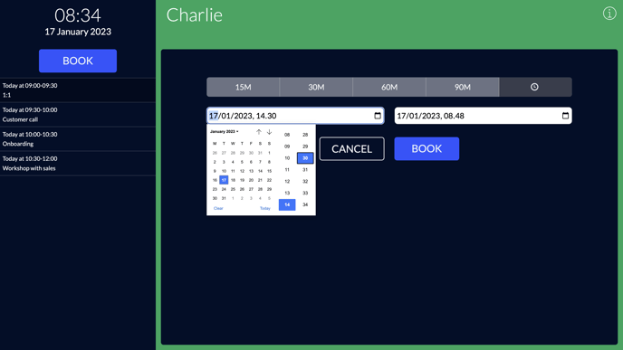 An AskCody Room Display showing the options to book a meeting for the future directly from the display.