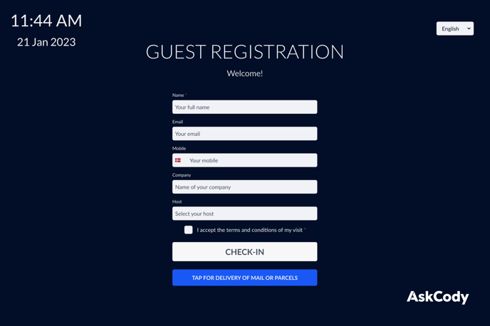 AskCody visitor management check-in screen