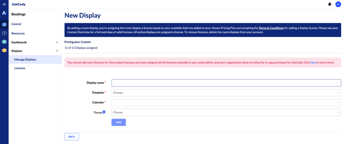 Create new Meeting Room Display in the AskCody Admin Center