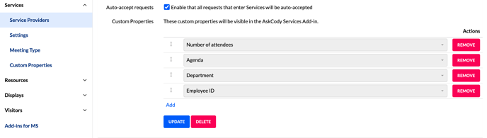 Custom properties assigned to a Service Provider in the AskCody Management Portal