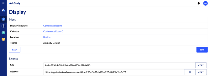 A screenshot showing the profile information for a Room Display in the AskCody Management Portal