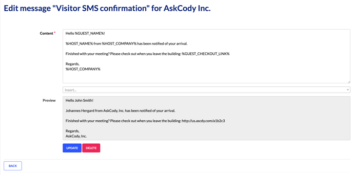 Edit SMS in the AskCody Management Portal using Infotags