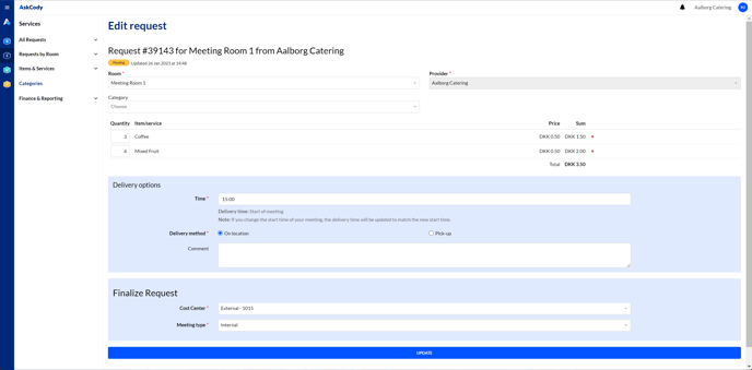 A screenshot of the page to edit a service request in the AskCody Management Portal