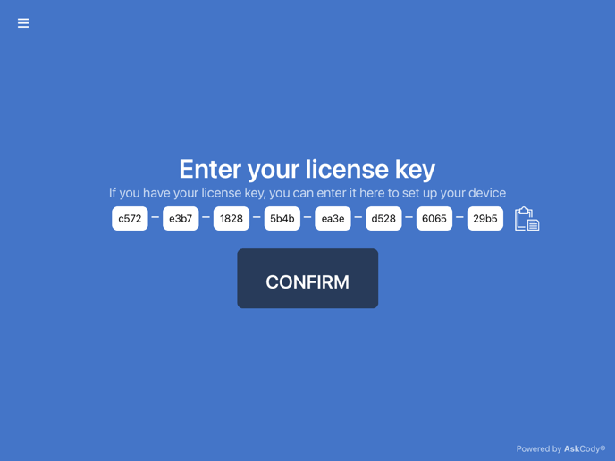 A screenshot of an iPad showing the page to enter a license key on the AskCody Signage app