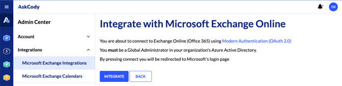A screenshot of the AskCody Management Portal's page to establish an integration with Microsoft Exchange Online via Modern Authentication (OAuth 2.0)