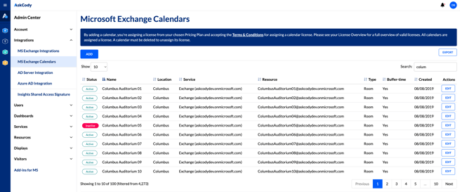 A screenshot of the page to Manage Microsoft Exchange Calendars in the AskCody Management Portal