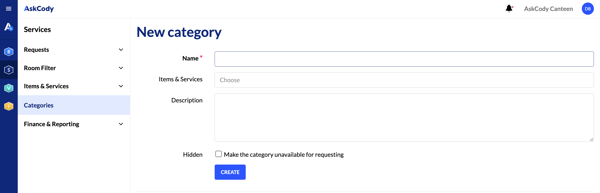 A screenshot showing the page to create a new category in the AskCody Services Portal