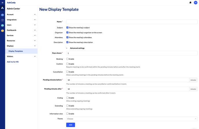 A screenshot showing the page to create a New Display Template in the AskCody Management Portal