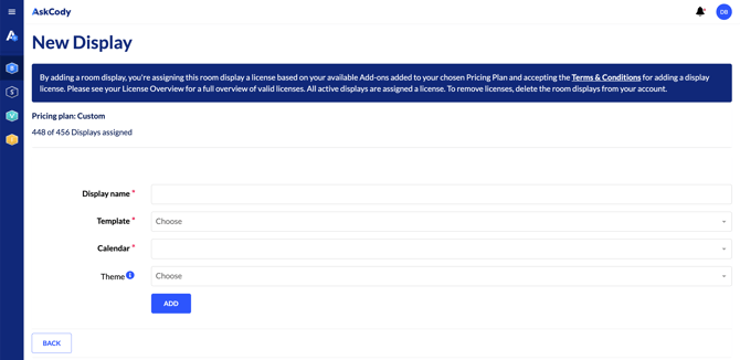A screenshot showing the page to create a new display in the AskCody Management Portal