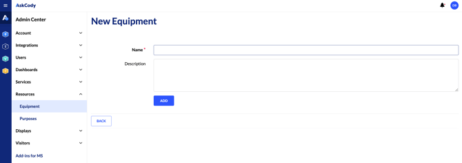 A screenshot of the page to add new equipment in the AskCody Management Portal