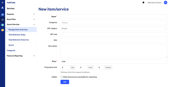 A screenshot of the page to create a new Item or Service in the AskCody Services Portal