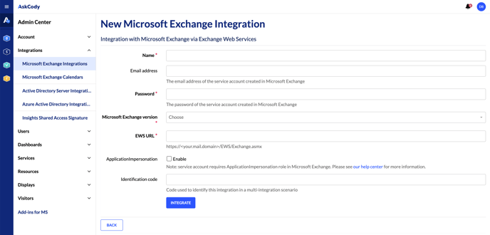 A screenshot of the Management Portal's page to establish an integration between AskCody and Microsoft Exchange via Exchange Web Services (EWS)