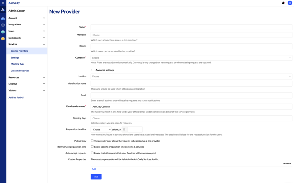 A screenshot of the page to create a New Service Provider in the AskCody Management Portal