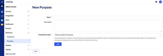 A screenshot of the page to create a New Purpose in the AskCody Management Portal