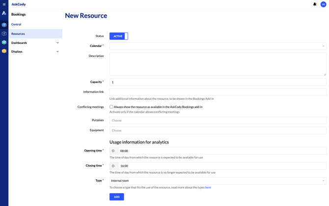 A screenshot of the page to create a New Resource in the AskCody Management Portal