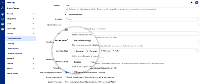 Opening days in the AskCody Services Module in the AskCody Management Portal