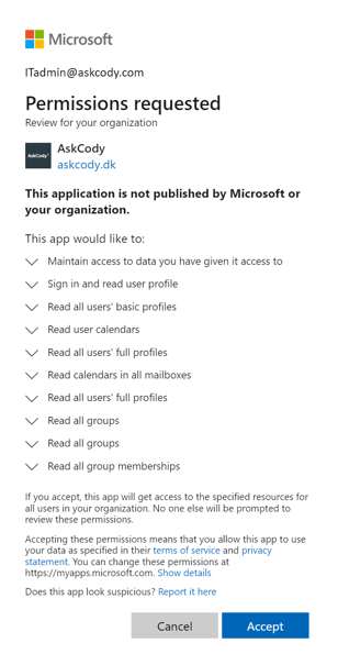 Permissions requested for AskCody application for AADI within Azure Active Directory.