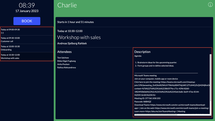 AskCody Room Display showing the meeting room agenda and the meeting agenda