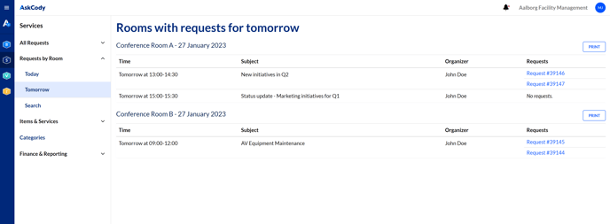 A screenshot of the AskCody Management Portal showing the meeting rooms with requests for tomorrow