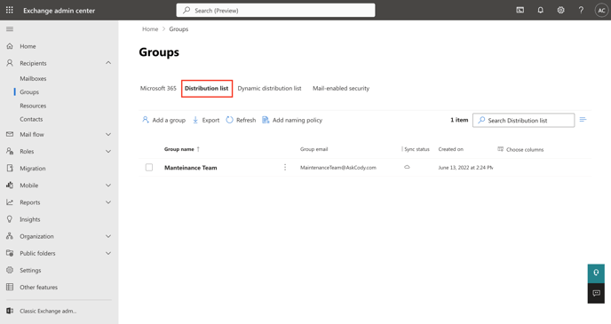 A screenshot of the Groups page in the Exchange Admin Center