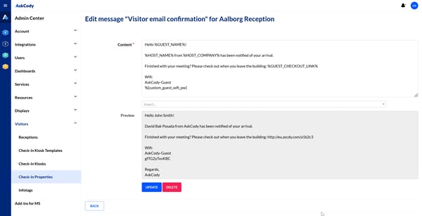 Set custom e-mail notifications in the AskCody Visitor Management System