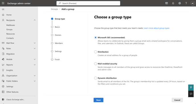 A screenshot of the page to add a distribution list within Microsoft 365 Admin Center