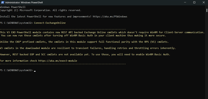 A screenshot of Windows PowerShell with the Connect -ExchangeOnline command