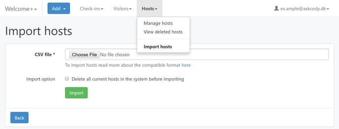Import hosts to a reception in the AskCody Management Portal