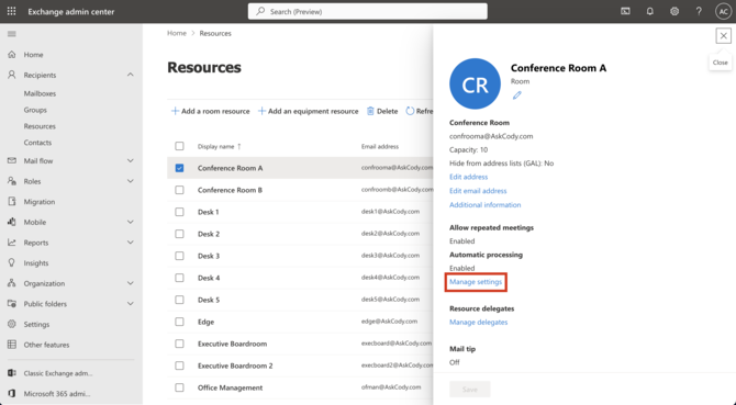 Information about a meeting room within Microsoft Exchange Admin Center with the 'Manage settings' option highlighted