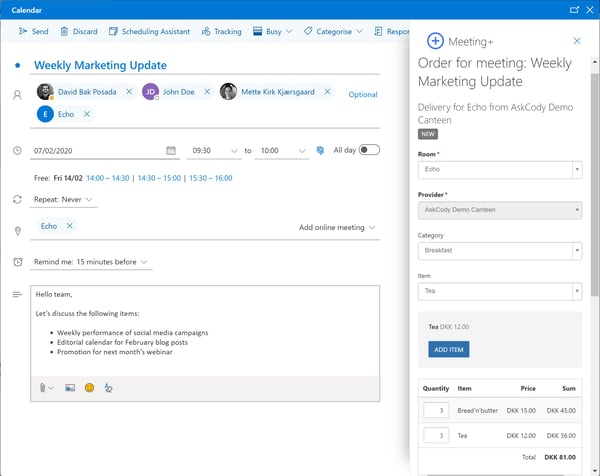 Items list in the Meeting services AskCody Add-in in Outlook