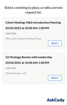 Meeting Selection Screen in AskCody Services Add-in for Outlook