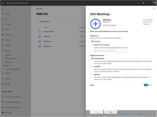 Settings for the AskCody Modern Add-ins in Microsoft Exchange