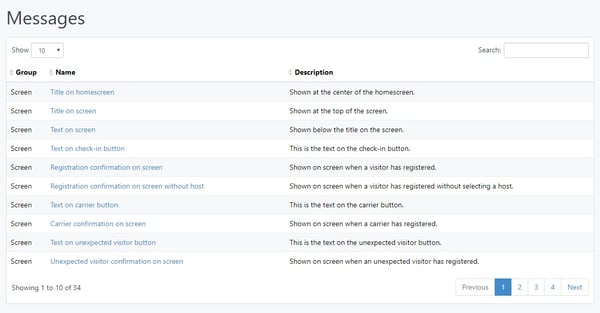 Messages list on the Visitor management portal