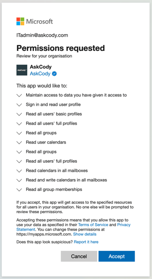Permissions requested for AskCody application for AADI within Azure Active Directory.