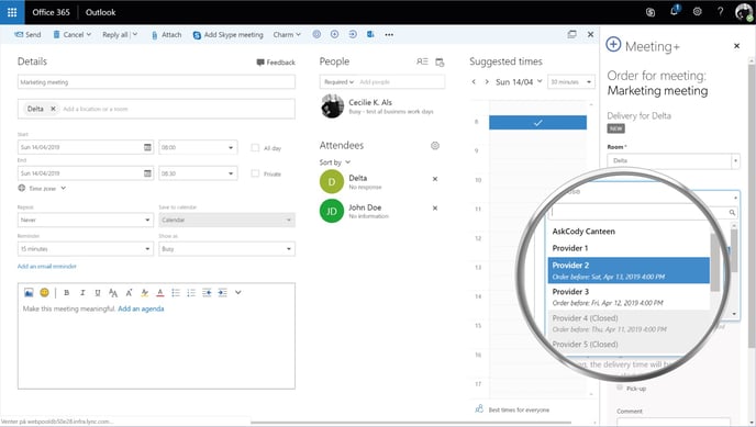 Provided opening in the AskCody Meeting Services Outlook Add-in
