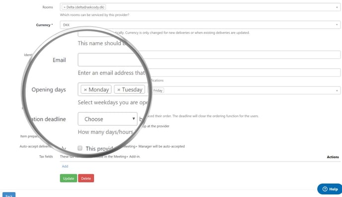 Provider opening day settings in the AskCody Management Portal