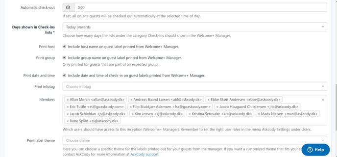 Reception settings in the AskCody Visitor Management Portal