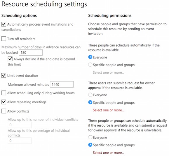 Resource Scheduling Settings on Microsoft Exchange