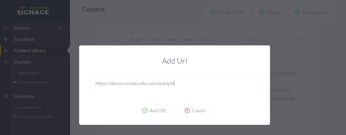ScreenCloud Signage Dashboard Add URL