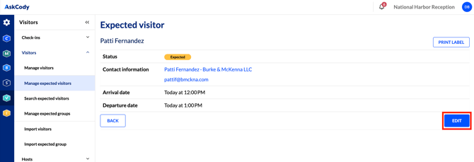 Edit button on Manage Expected Visitors