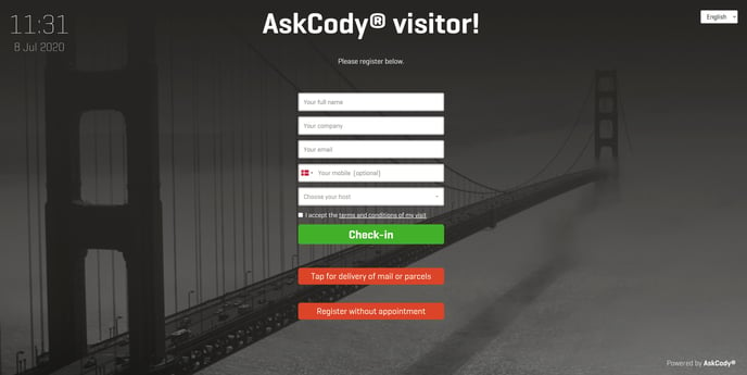 AskCody visitor management check-in screen