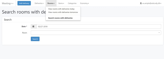 Search Rooms with deliveries in Meeting Services management portal
