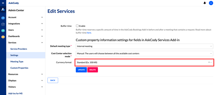 A screenshot of the Services settings with the Currency format field highlighted