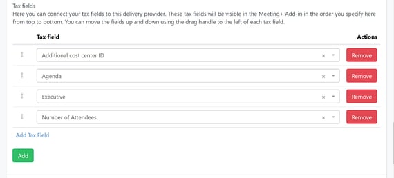 Tax fields attached to a delivery provider in the Meeting Services portal